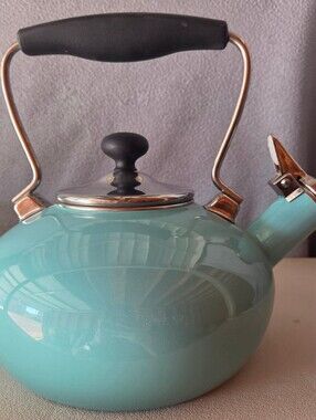 Chantal Teal Enamel Whistling Tea Kettle Pot Belly Teal with Black Handle